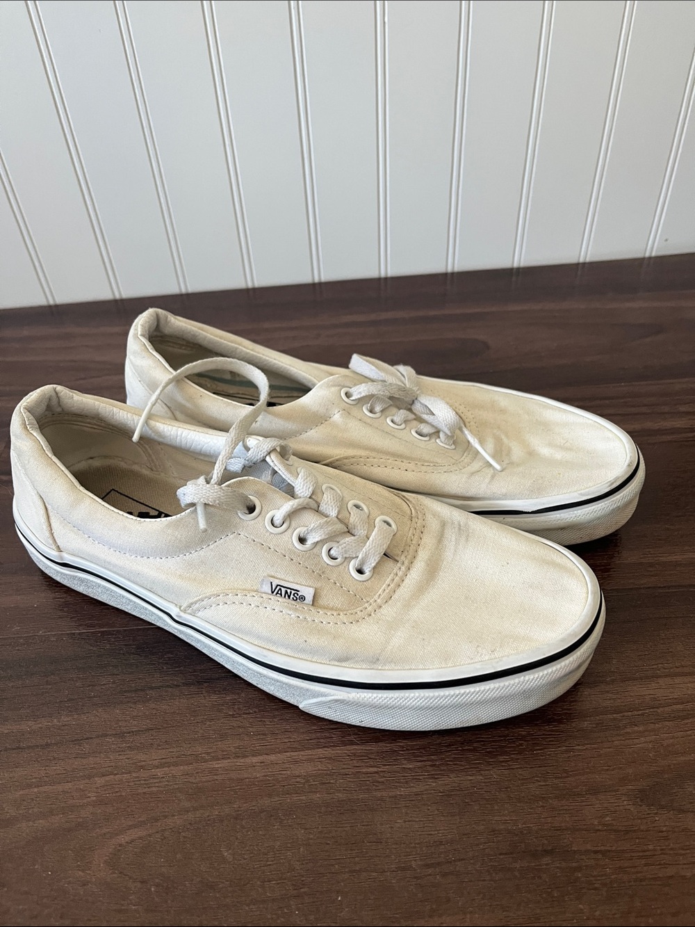 Vans Off-White Canvas Low-Top Sneakers with Black Pinstripe